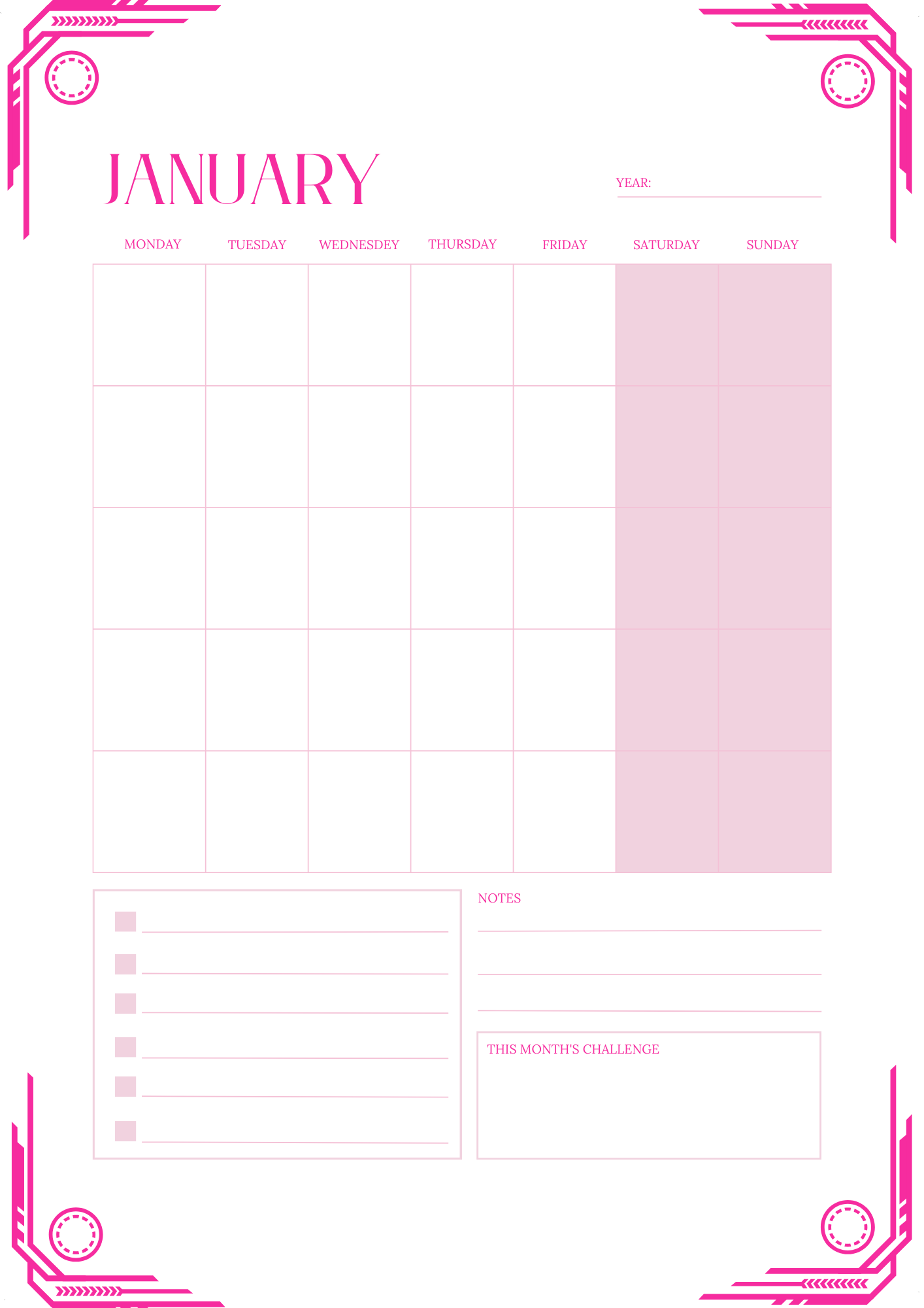 PINK MONTHLY CALENDAR