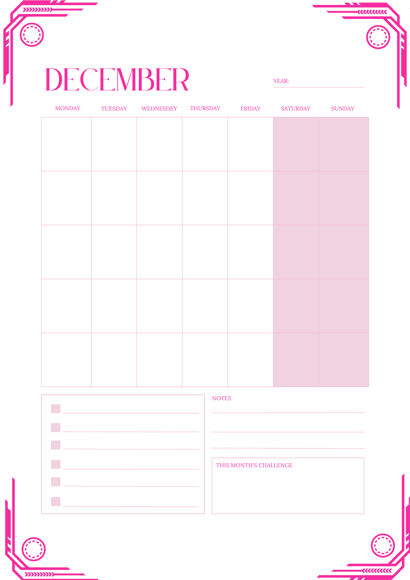 PINK MONTHLY CALENDAR