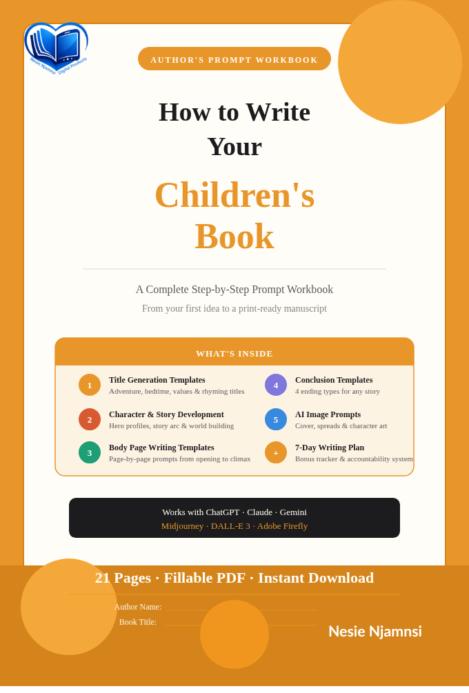 How to Write a Children's Book — AI Prompt Workbook | Step-by-Step Writing Guide for Authors | Fillable PDF | Title, Character, Story & Illustration Templates
